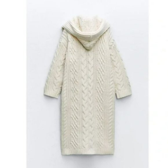 ZARA LONG CABLE KNIT COAT LONG SLEEVES WHITE - Picture 5 of 11